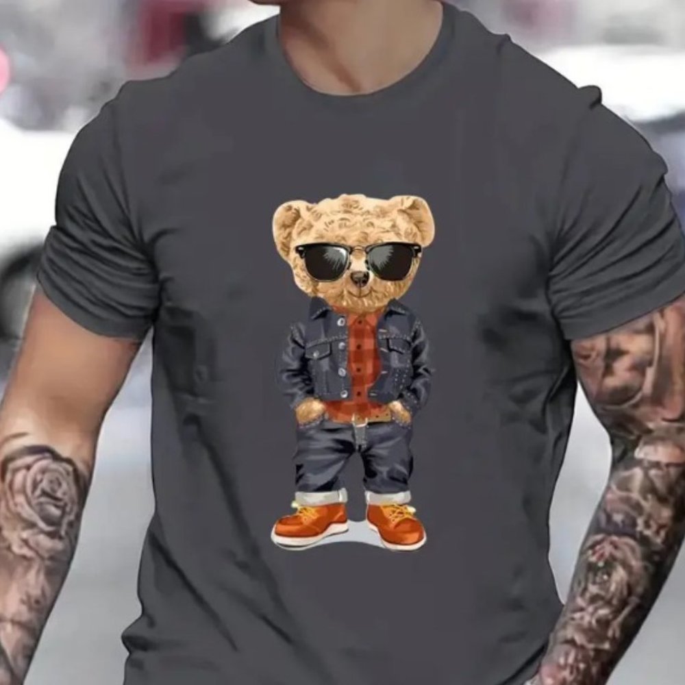 Denim Toy Bear Pattern Men's T-shirt For Summer Outdoor Gray color size L